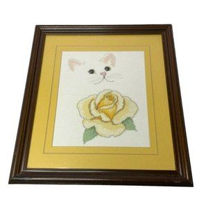 Framed Needlepoint White Cat With Yellow Rose Matted 13 X 12”